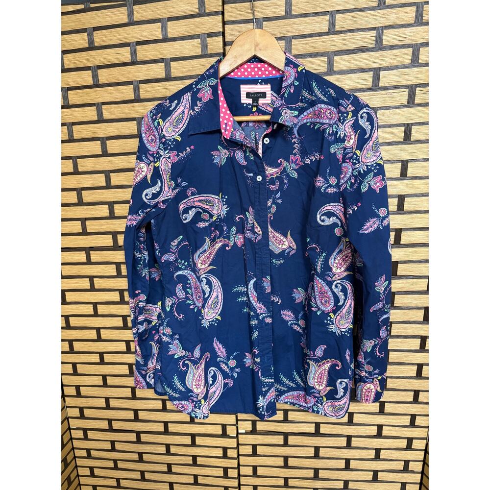 Talbots Navy Paisley Button Down Shirt Size Medium